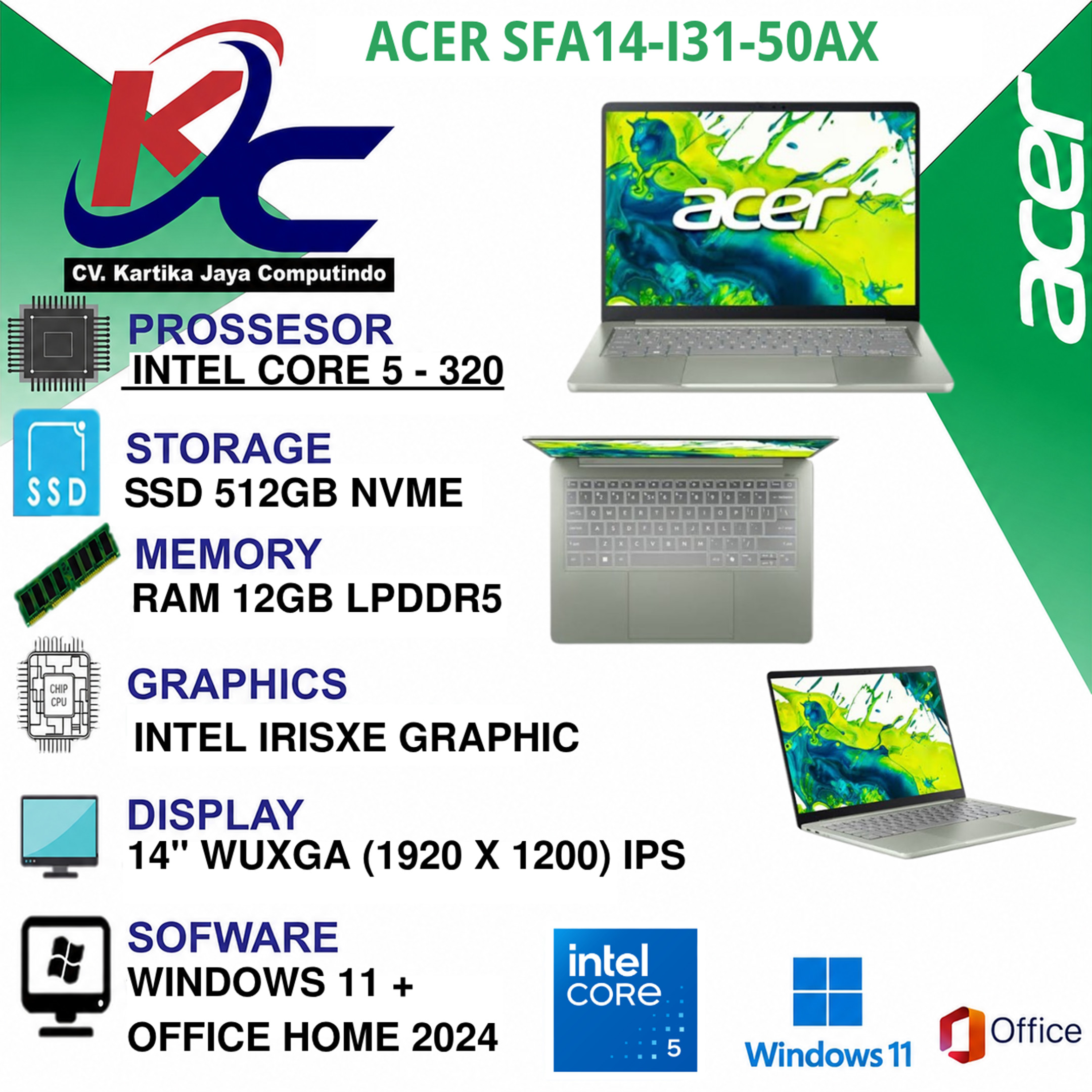 ACER SFA14-I31-50AX  CORE 5-320/ 12GB/ SSD 512GB/ W11 OHS +M365 SAGE GREEN